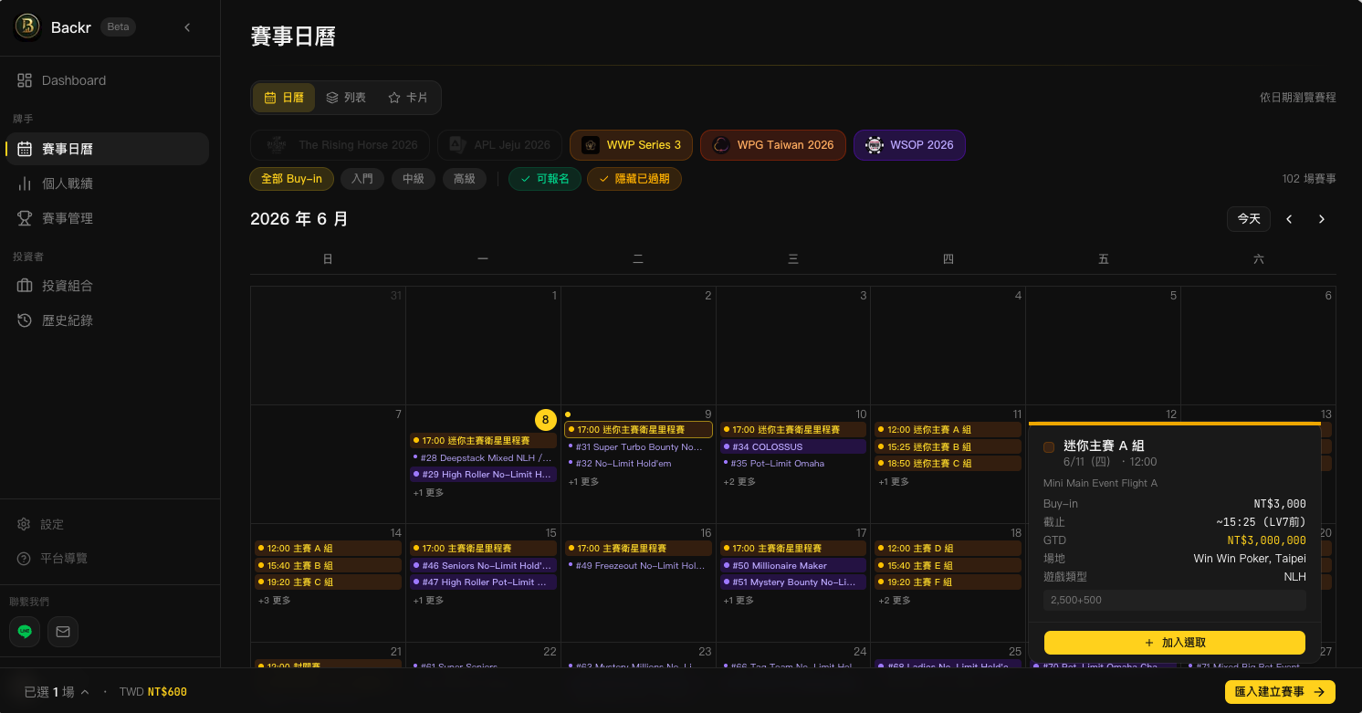 Backr event calendar month view screenshot